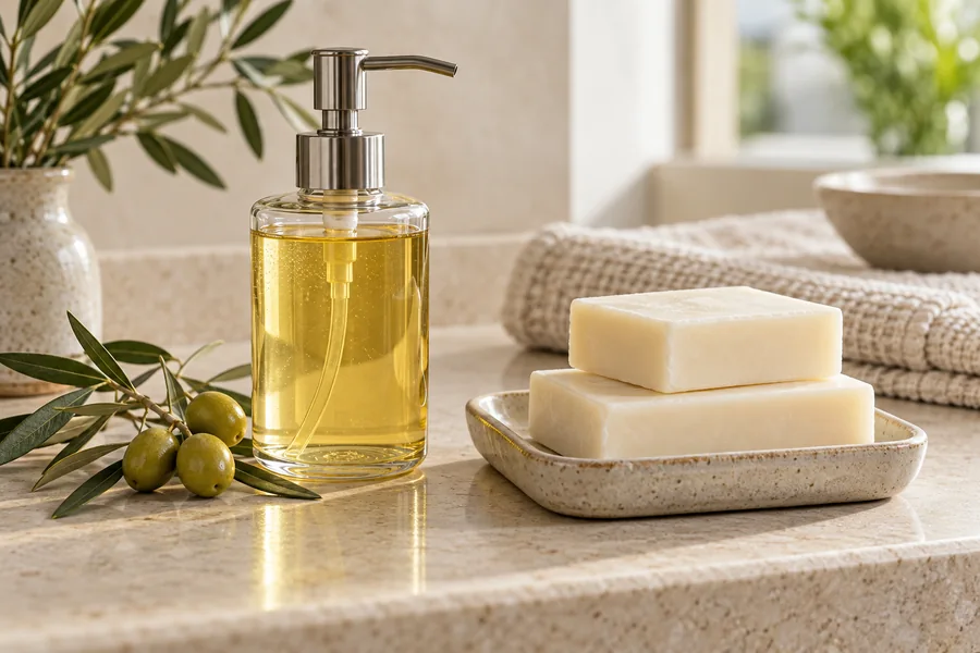 Zeytin dalı yanında sıvı sabun şişesi ve seramik tabakta iki kalıp sabun
