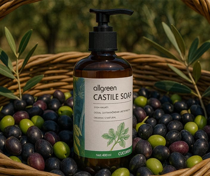Zeytin dalları yanında pompalı şişede sıvı Kastil sabunu