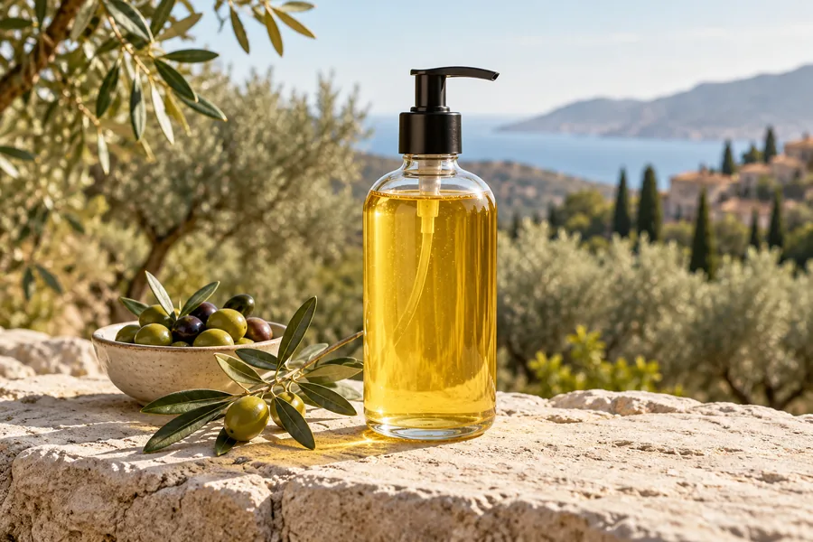 Zeytin ağaçları önünde, zeytinler ve zeytin dalı yanında duran altın renkli sıvı sabun şişesi